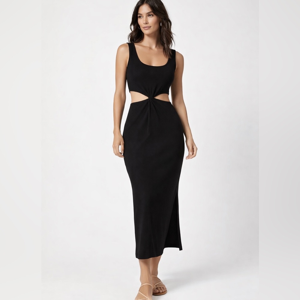 L*Space Black Ribbed Cutout Twist Midi Dress Size Small Bodycon